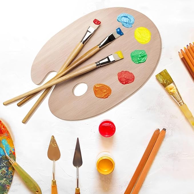 2 Pack Wooden Paint Palette - Wooden Oval-Shaped Artist Painting Palette with Thumb Hole - Wood Paint Color Mixing Tray - Easy Clean, Mix Acrylic, Oil, Watercolor