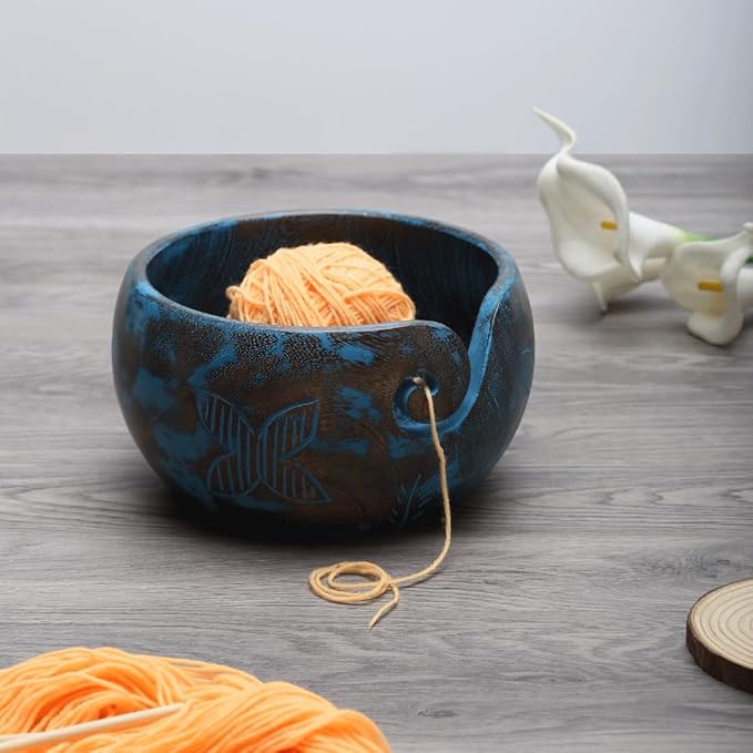 Large Wooden Blue Yarn Bowl for Crocheting - Crochet Holder (7x4) - Knitting Yarn Ball Storage - Crafting Christmas Gifts for Women, Gifts for Moms, Birthday