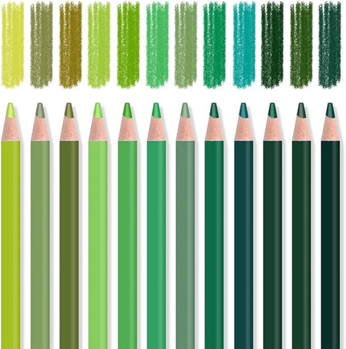 Mifuner 12Pcs Green Colored Pencils Set, Oil Based Drawing Pencils, Pre-sharpened Wooden Professional Sketch Pencil Art Supplies for Adults, Coloring Books, No Duplicates