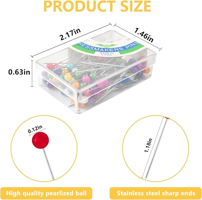 300PCS Sewing Pins for Fabric, Straight Pins with Glass Ball Heads, Multicolor Corsage Stick Pins for Dressmaker