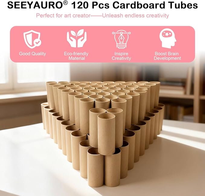 120-Pack Kraft Cardboard Tubes for Crafts-1.57x3.74 Inches&1.5x3.4 Inches-Resistant Toilet Paper Rolls for DIY, School Supplies & Art Projects-Include 50 Sheets A4 Colorful Paper-Brown