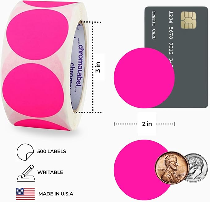 ChromaLabel 2 Inch Round Colored Stickers, High Visibility Permanent Sticky Dots Color Coding Labels, Easy to Write On Colored Dot Stickers - 500 Sticker Labels per Roll, Matte Finish Fluorescent Pink