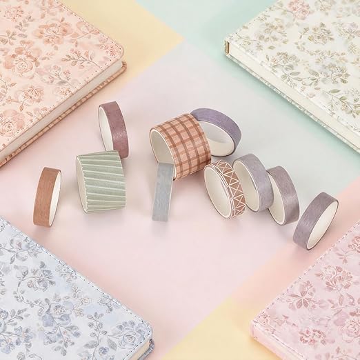 10 Rolls Washi Tape Set, Solid Color & Grid Decorative Tapes for Journals, Scrapbooking, Gift Wrapping, Decor & Crafts (Sunset)