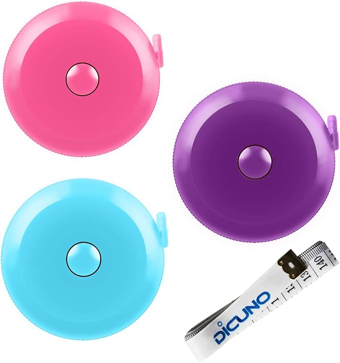 DiCUNO 60-Inch 1.5 Meter Soft and Retractable Tape Body Tailor Sewing Craft Cloth Dieting Measuring Tape (3 Pcs of Purple Sky-Blue Cherry-Pink with Soft Tape)