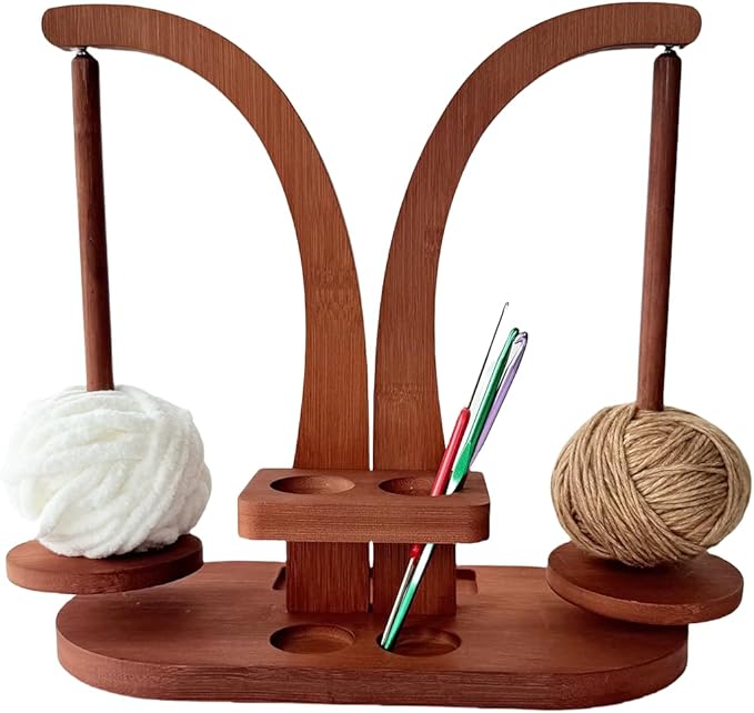 Magnetic Wooden Yarn Holder for Crocheting & Knitting – Smooth Rotating Yarn Spinner with Double Spindles, Tangle-Free Thread Dispenser, Ideal Gift for Knitters & Weavers (Brown)