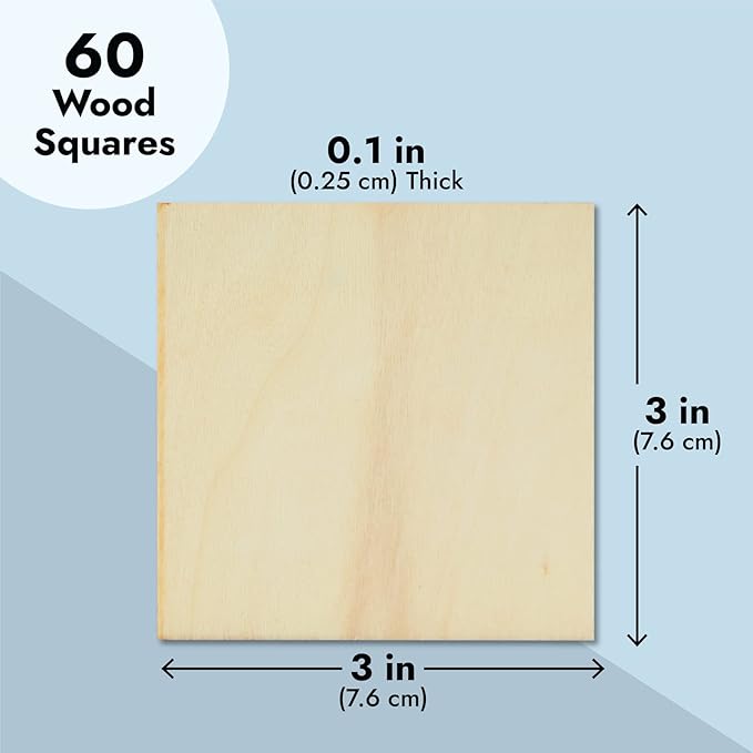 Juvale Unfinished Wood Squares Craft Supplies for Adults - 3 x 3 in, 60-Pack - Poplar Plywood Blanks for Painting & Engraving - Square Wood Pieces for Crafts
