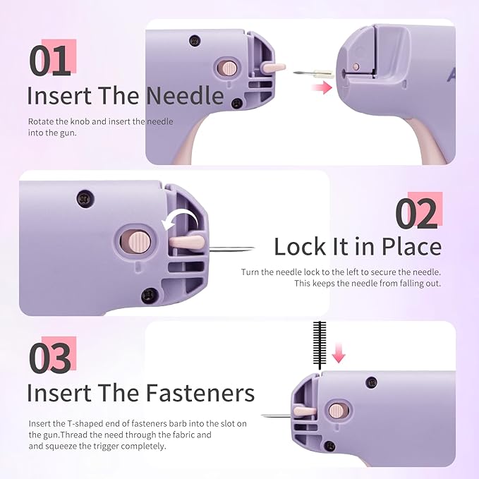 Stitch Gun for Clothes, Handheld Quick Clothing Fixer, Mini Sewing Kit, Tag Gun Includes 2 Needles, 1000 Black Fasteners & 1000 White Fasteners (Purple)