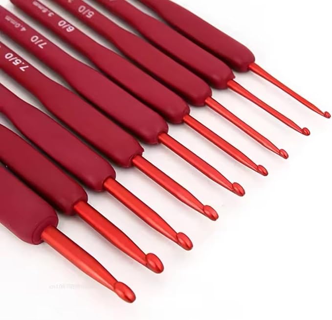 Crafts by KFRod - Ergonomic Crochet Hooks Set, Crochet Kit for Beginners, Ergonomic Anti Slippery Rubber Handle Knitting Needles (Set of 9 - Red)