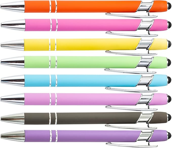 PASISIBICK 8 Pieces Ballpoint Pens 2-in-1 Stylus Retractable Metal Stylus Pen for Touch Screens with Stylus tip, 1.0 mm Black Ink (8 Pastel Colors)