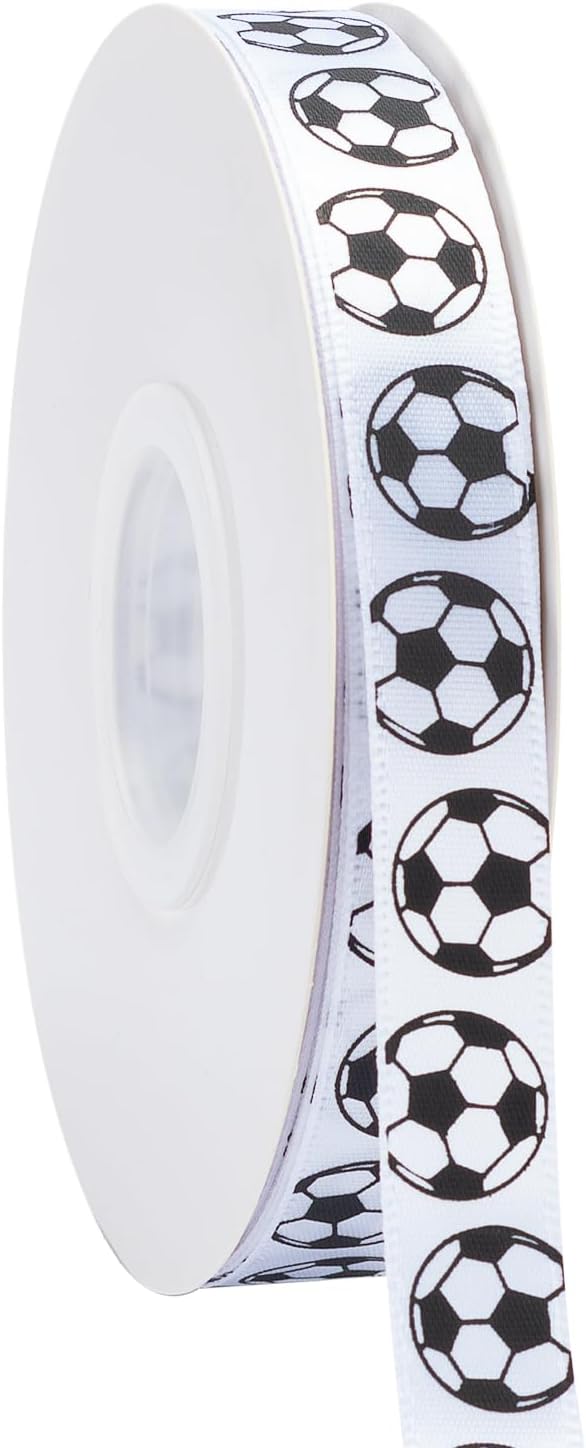 Soccer Ribbon,5/8-Inch x 50-Yard,White/Black,Use for Team Hair Bows,Wreath,Sport Lanyards,Gift Wrapping,Party Decoration,All Crafting and Sewing (White, 50-Yard)