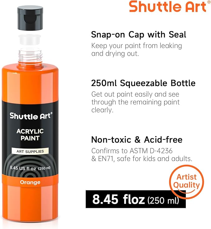 Shuttle Art 12 Colors Acrylic Paint, 250ml/8.45oz Bottles Acrylic Paint Set, Rich Pigments, Bulk Painting Supplies for Artists, Beginners and Kids Painting on Rocks Crafts Canvas Wood
