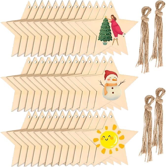 50 Pcs Wooden Ornaments, BetterJonny 3.15 * 2.56in Unfinished Natural Wood Slices with Holes Blank Wood Discs with 50pcs Jute Rope for DIY Christmas Decoration