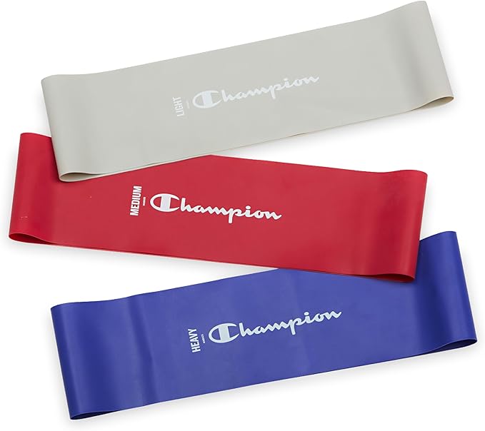 Champion Loop Resistance Bands (3-Pack, Grey/Red/Blue), Light/Medium/Heavy, Odor-Free, 4" Rubber + Latex Exercise Bands, for Strength Training and Physical Therapy, Includes Exercise Guide