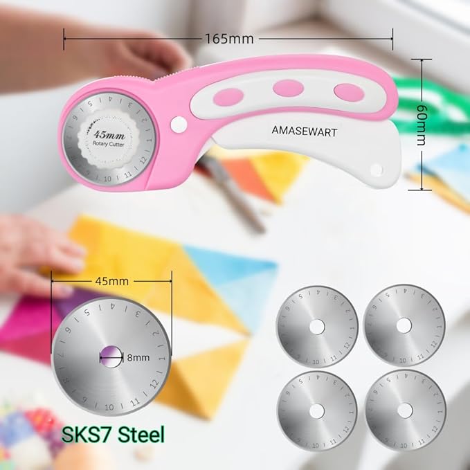 45mm Rotary Cutter and Mat Set, Fabric Cutter Wheel and 12x18 Inch Self Healing Sewing Cutting Mat, Fabric Rotary Cutter with 5pcs Rotary Blades for Quilting Patchworking Crafts, Pink