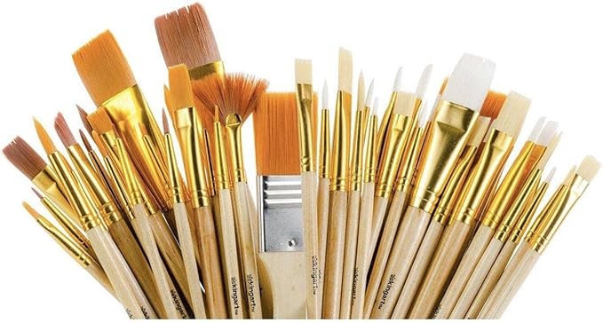 KINGART 50-Piece Paint Brush Set, Acrylic, Oil, Watercolor Gouache Paints, Face & Nail, Miniature Detailing & Rock Painting for Adults & Kids