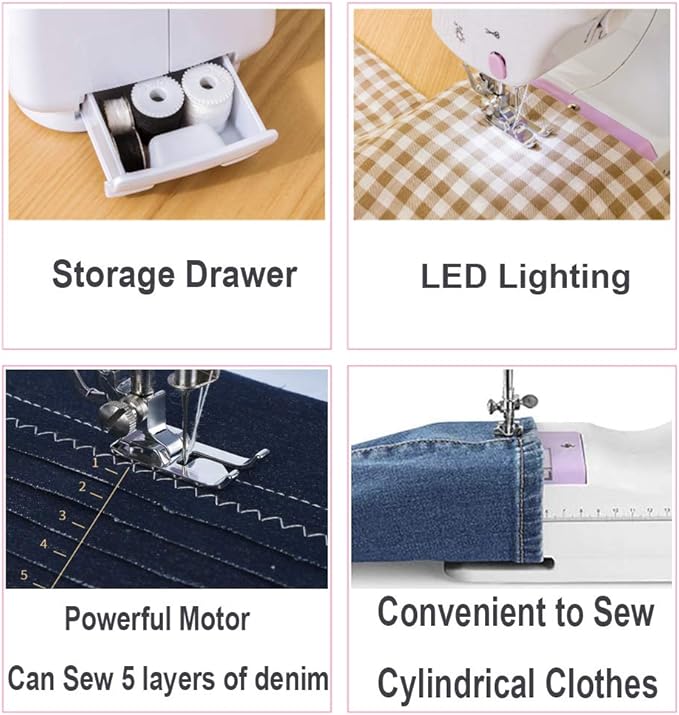 Sewing Machine for Beginners, Electric Mini Portable, 12 Built-in Stitches with Reverse Sewing, 2 Speeds Double Thread with Foot Pedal, Storage Bag, Cotton Fabric and Threads(Premium Set)