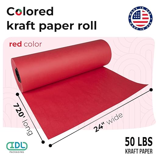 Christmas Red Kraft Paper Roll 24" x 8640" (720 feet) - Quality USA-Made Large Paper Roll 50lb Thickness for Packing, Moving, Shipping & Crafts/Art - Natural Wrapping Material by IDL Packaging