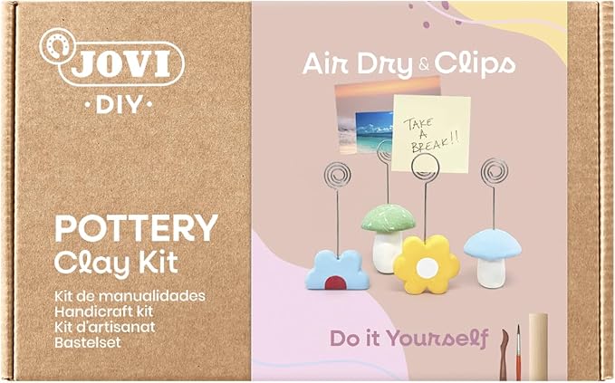 Jovi - DIY Air Dry Kit & Clips - Pottery Kit for Adults, Making Photo Holder with White Air Dry Clay + Paints, Sculpting Tools, Step-by-Step Guide and Video Tutorial, Starter Set for Beginners