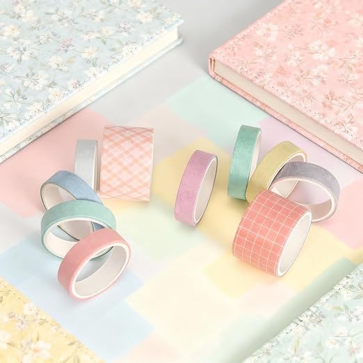 10 Rolls Washi Tape Set, Solid Color & Grid Decorative Tapes for Journals, Scrapbooking, Gift Wrapping, Decor & Crafts (Forest)