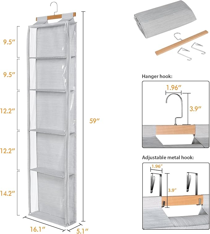 Hanging Yarn Storage with 5 Large Pockets, Clear Knitting Organizer Storage with Zippers for Crochet Lovers, Hanging Yarn Holder with Over-Door Hooks for Knitting Needles Crochet Hooks, Grey
