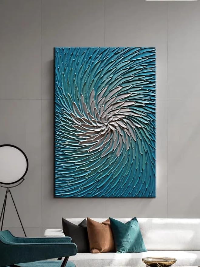 YaSheng Art - Contemporary Art Oil Painting on Canvas 3D Metallic Blue and Silver Texture Abstract Art Pictures Canvas Wall Art Paintings Modern Home Decor Abstract Paintings Ready to hang24x36inch