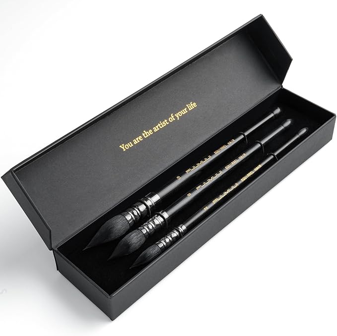 3PCS Squirrel Hair Watercolor Brushes, Fuumuui Professional Mop Round Quill Detail Fine Tip Watercolor Paint Brush Set for Water Color Gouache Ink Painting - Sizes #2, 8, 10
