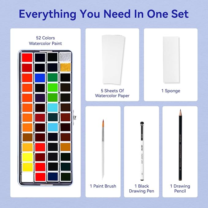 Travel Watercolor Set, 52 Colors Watercolor Paint with 1 Drawing Pencil, 1 Paint Brush, 5 Watercolor Paper, 1 Sponge & 1 Black Drawing Pen, Water Colors Paint Adults Set, Blue Case