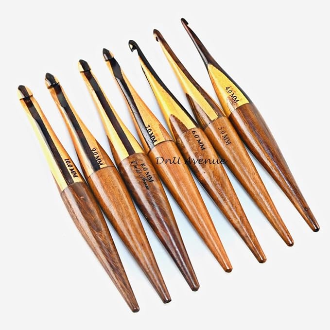 DnU Avenue Crochet Hooks for Arthritic Hands, Multi Color Wooden Ergonomic Crochet Hooks Set of 7 Size 4MM to 10MM | Sustainable Rosewood, Neemwood, Sheesham Wood | for Crochet Lovers