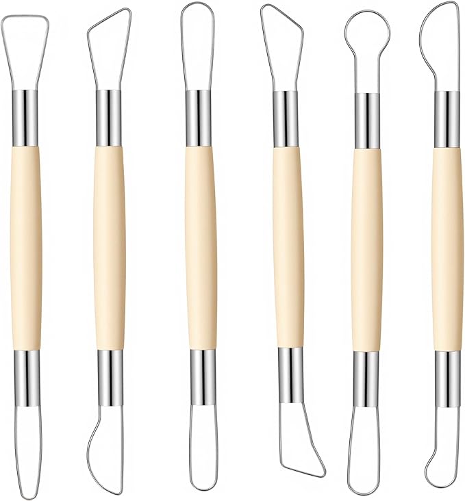 6PCS Double-Sided Clay Sculpting Tool, Wooden Handle Pottery Trimming Tool, Pottery Clay Sculpting Tools， Clay Wire Loop Sculpture Kit for Ceramic and Wax Carving
