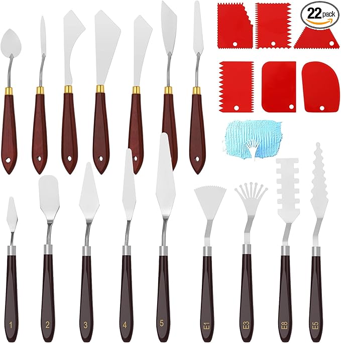 22 PCS Palette Spatula Set, Stainless Steel Palette Tools and Plastic Scrapers, Painting Pallet Spatulas with Wooden Handle for Oil Painting, Acrylic Color Mixing Texturing