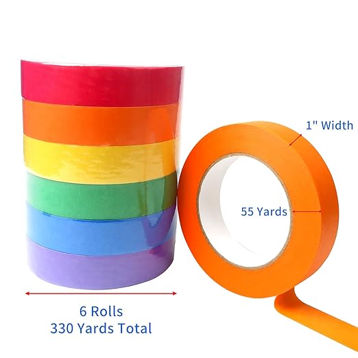 Colored Masking Tape, 6 Rolls Painters Tape 1" x 55yd, Colorful Craft Tape, Rainbow Labeling Tape for Arts Crafts DIY, Decorative Paper Tape for Kids