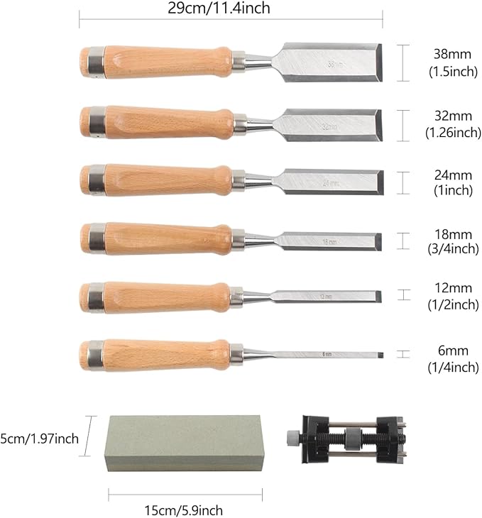 8 Pieces Wood Chisel Tool Sets, 11.4in Woodworking Carving Chisel Kit with Honing Guide, Sharpening Stone and Wooden Case
