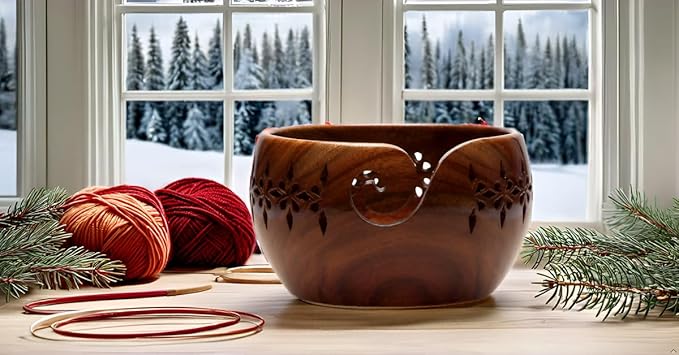 Wooden Large Yarn Bowl (7x4) – Yarn Holder for Crocheting & Knitting – Crochet Bowl with Carved Holes – Yarn Ball Storage Christmas Gift for Women