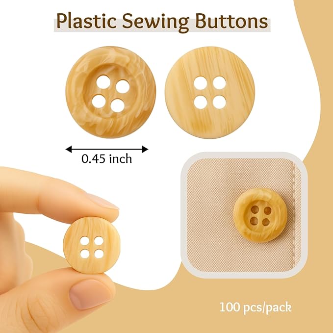0.45 inch Tan Buttons for Sewing 100 Pcs Wood Color Buttons for Shirt 4 Hole 18L Beige Plastic Glossy 11mm for Work Uniforms School Outfits Aprons Pants Jackets Bags DIY Crafts Decorations