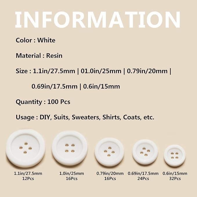 Sewing Buttons - Craft Buttons, 5 Sizes of 100 Pcs Versatile Buttons for Sewing, DIY Projects and Holiday Decoration (White)