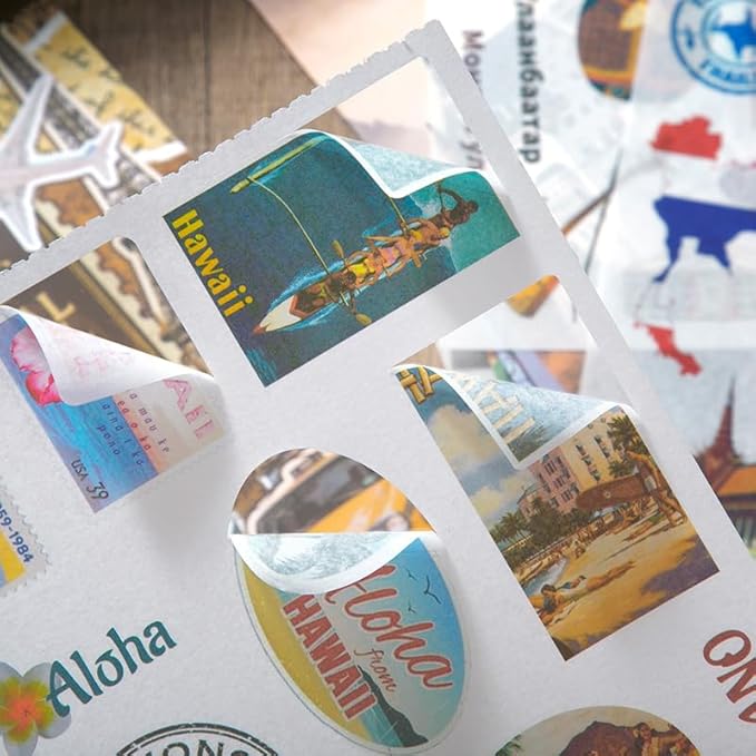 Vintage Aesthetic Washi Stickers and Papers for Scrapbooking, 50 Sheets Ephemera Book for Art Journaling with Retro Global Travel Theme Stickers and Decoupage Papers for Junk Journal