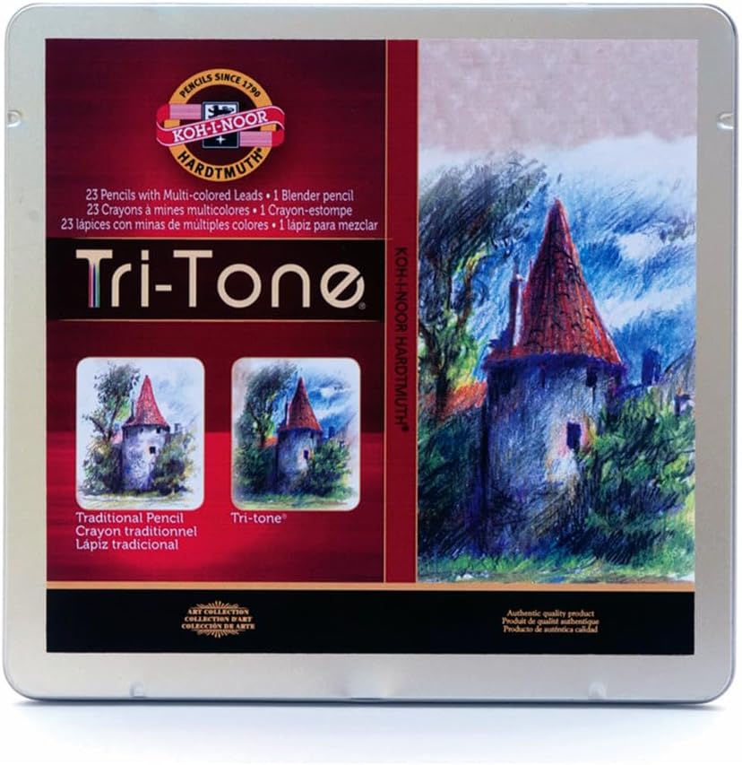 Koh-I-Noor Tri-Tone Multi-Colored Pencil Set, 24 Assorted Colors in Tin and Blister-Carded (FA33TIN24BC)