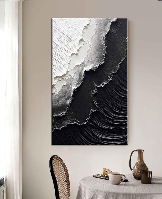 YaSheng Art - Thick Texture Abstract Oil Painting Hand-Painted sea wave Black and White Wall Art Minimalist modern Art Paintings Home Living room Room Dining Room Bedroom Wall Decorative Art Oil Painting 24x48inch