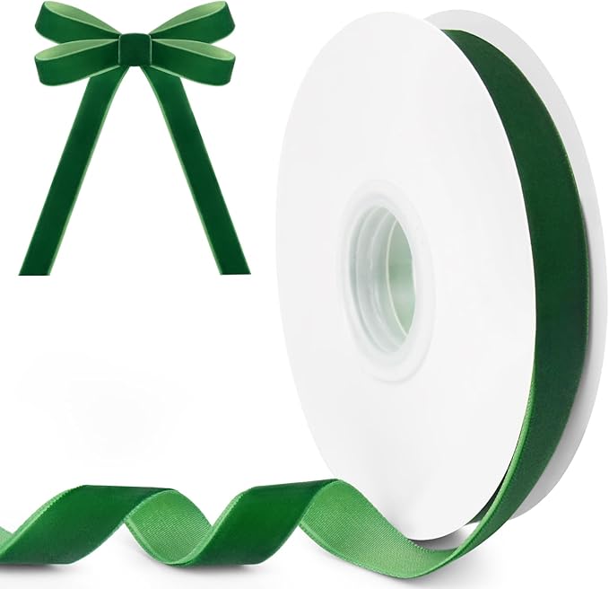 Green Velvet Ribbon, 5/8 inch 10 Yards Vintage Velvet Ribbons Perfect for Christmas Tree Ornaments, Gift Wrapping, Wedding Decoration, Bows, Sewing, Crafts, Wreath and More