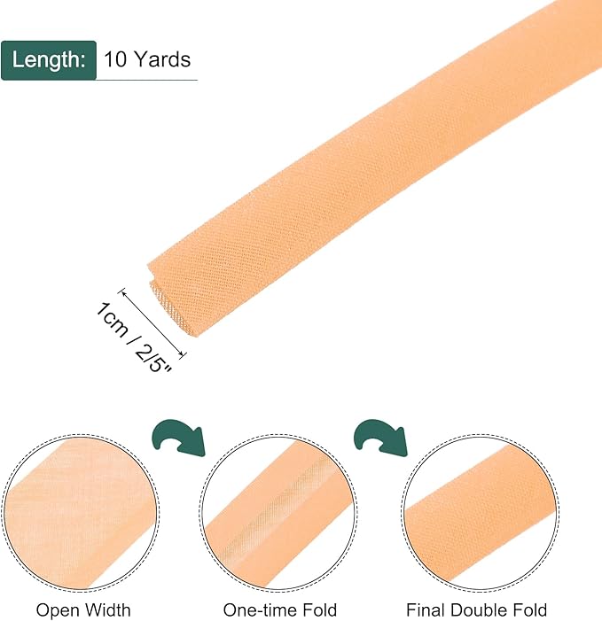 MECCANIXITY 2/5 Inch Double Fold Bias Tape Polyester Continuous Bulk Bias Tape for Sewing,Seaming Quilting Hemming Binding Crafts (Apricot 10 Yards)