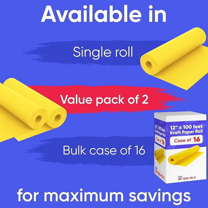 12" x 1200" (100 ft) Yellow Kraft Paper Roll - Value Pack of 2, 45 lbs Thickness, Made in USA - Odorless, Non-Toxic, Safe for Kids - School, Bulletin Board Paper