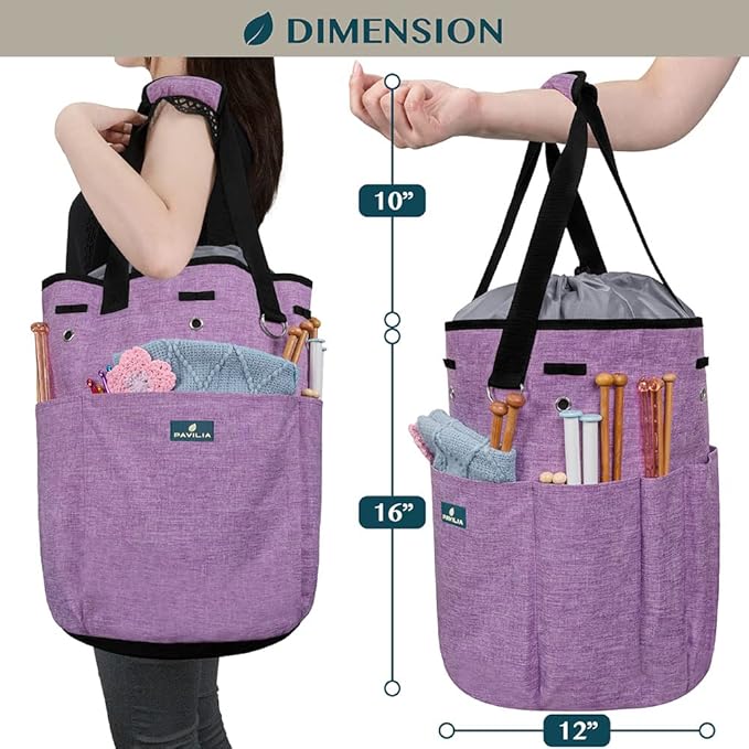 PAVILIA Crochet Bag Knitting Bag Organizer, Yarn Bag Storage Tote for Crocheting On The Go, Knitting Accessories Supplies Holder with Grommets, Gift for Crochet Lovers Knitters (Heather Purple)
