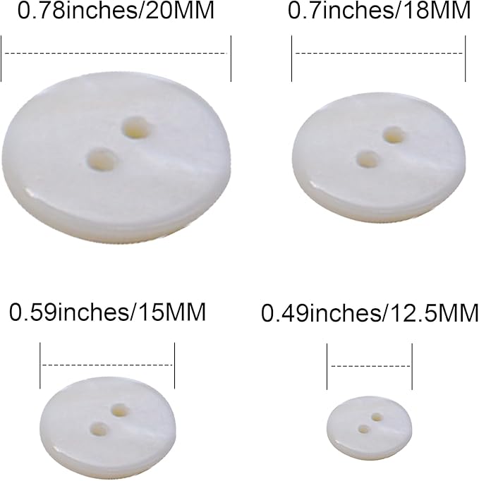 60PCS White Genuine Mother of Pearl Buttons Set, Natural Shell Buttons for DIY Sewing Crafts, Clothes, Blazer, Shirts, Suits (12.5mm/15mm/18mm/20mm, 2 Holes)