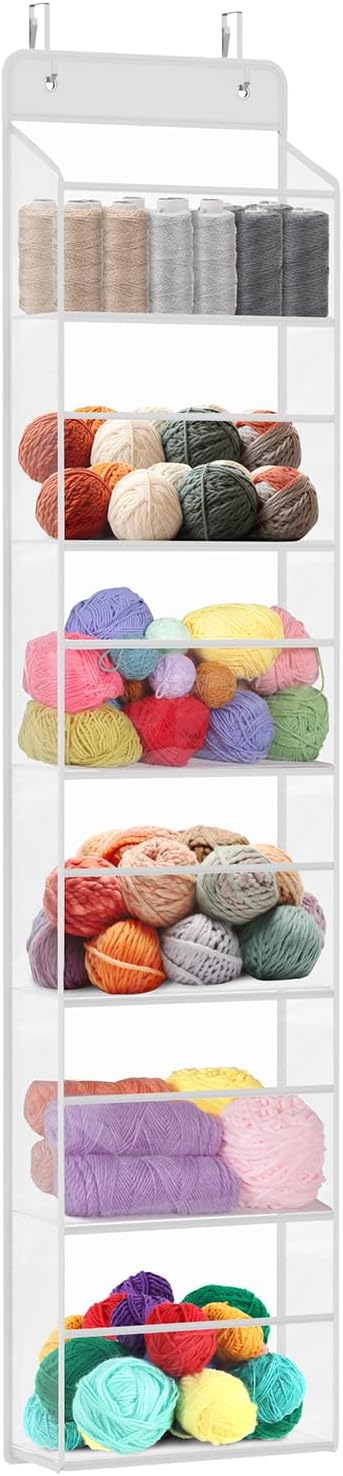 Univivi Door Hanging Yarn Storage Organizer, Knitting & Crochet Organizer with 6 Clear Plastic Pockets & 2 Big Metal Hooks for Knitting Needles, Crochet Hooks, Yarn Balls
