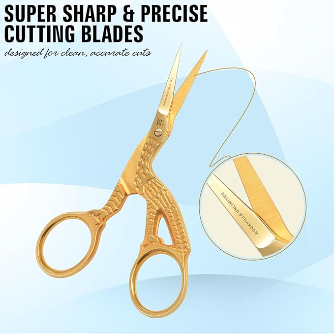 Golden Stork 3.5 inch Embroidery Scissors Gold Plated for Small Sharp Tip Cross Stitch Crane Design Stainless Steel Bird Scissors for Sewing Art & Craft Craft Stitch Cutting Sewing scissors.