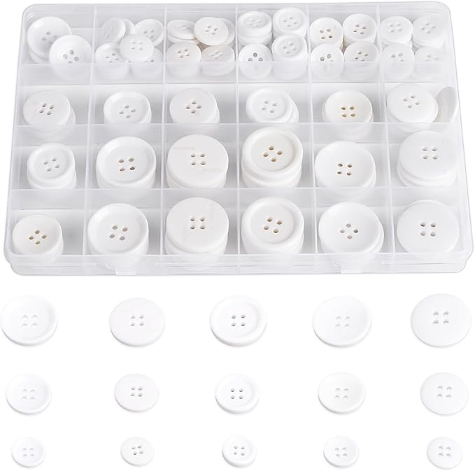 110Pcs White Mixed Sewing Buttons, 4-Hole Craft Round Blazer Buttons, 5 Color 3 Size (15mm, 20mm, 25mm) Suit Coats Resin Button, Suitable for Variety Clothing Sewing, DIY Craft (White)