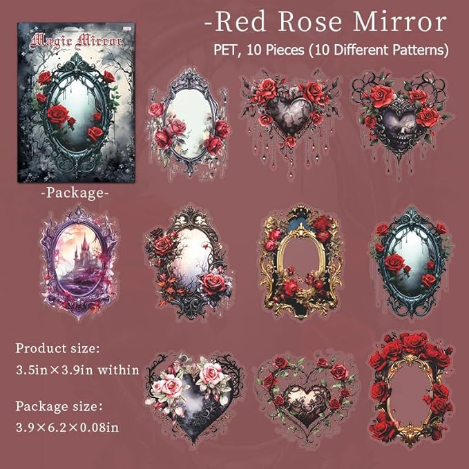 MAFELOE Retro Scrapbook Stickers of 10 Pieces, PET Aesthetic Deco Stickers Journaling Supplies for Junk Bullet Bottles Laptop- Magic Mirror Series-C
