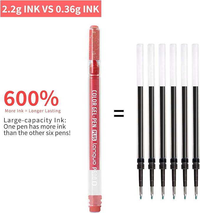 Glitter Gel Pens, 6 Pack Colored Pens for Black Paper & White Paper, 1.0mm Point Pens, Large Capacity Ink Pens for Coloring, Writing, Drawing, Journaling, Note Taking, Office, Home