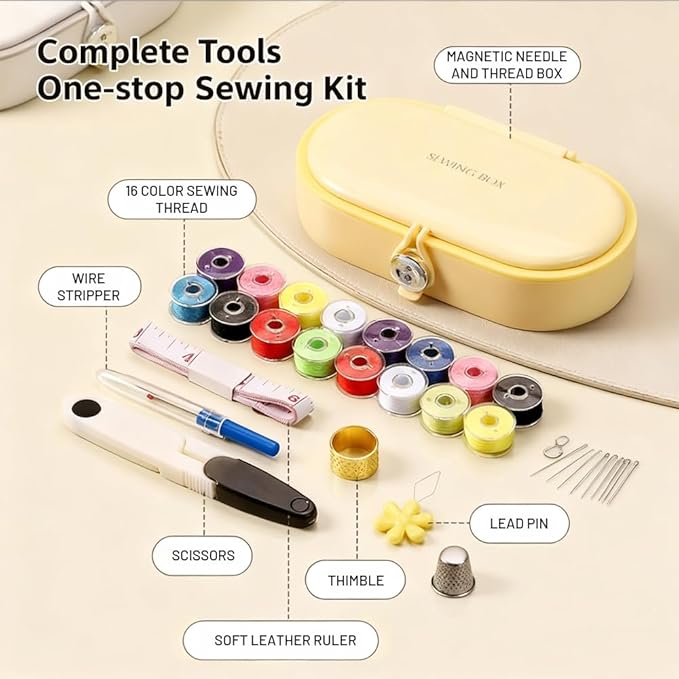 Portable Sewing Kit with 16 Color Thread Spools, Magnetic Needle Box, Scissors, Thimble, Complete Tools for Basic Repairs, Card Slot Design