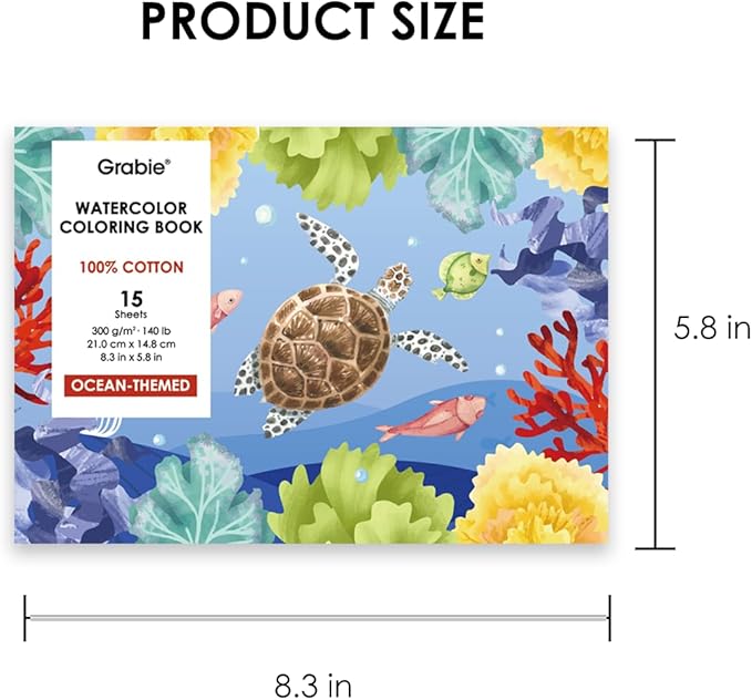 Grabie Watercolor Coloring Book, 15 Sheets A5 (8.3 x 5.8),Watercolor Book for Adults: Ignite Your Artistic Expression on 100% Cotton Paper (Ocean)